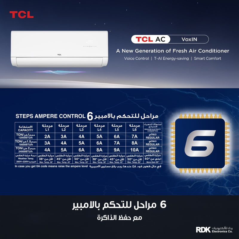 TCL TAC-24CHSD/MAX  VoxIN 2 ton T3 ربط ذكي انفيرتر 6 مراحل تحكم وتحويل تلقائي سوبر استوائي  Inverter + هدية TY-LWYR83B