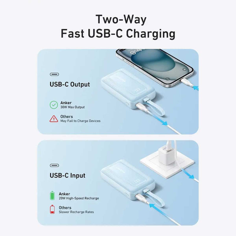 ANKER  A1689H31 Power Bank 20K 30W Built-In USB-C  Cable, Blue شاحن محمول انكر