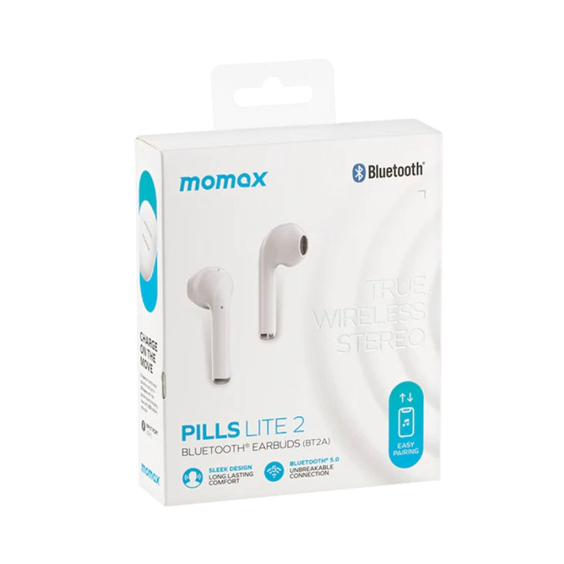MOMAX 176505 BT2AW Pills Lite 2 True Wireless Bluetooth Earbuds and Charging Case, White سماعات موماكس