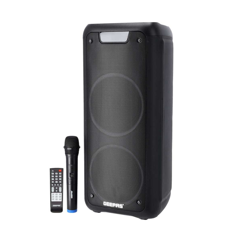 GEEPAS GMS11168 Rechargeable Professional Speaker | TWS Connection, BT/FM/USB/TF Card | LED Display | Wireless Microphone | 40000 W, 7.4V/3000mAh Lithium Battery, Black مكبر صوت احترافي قابل لإعادة الشحن جيباس