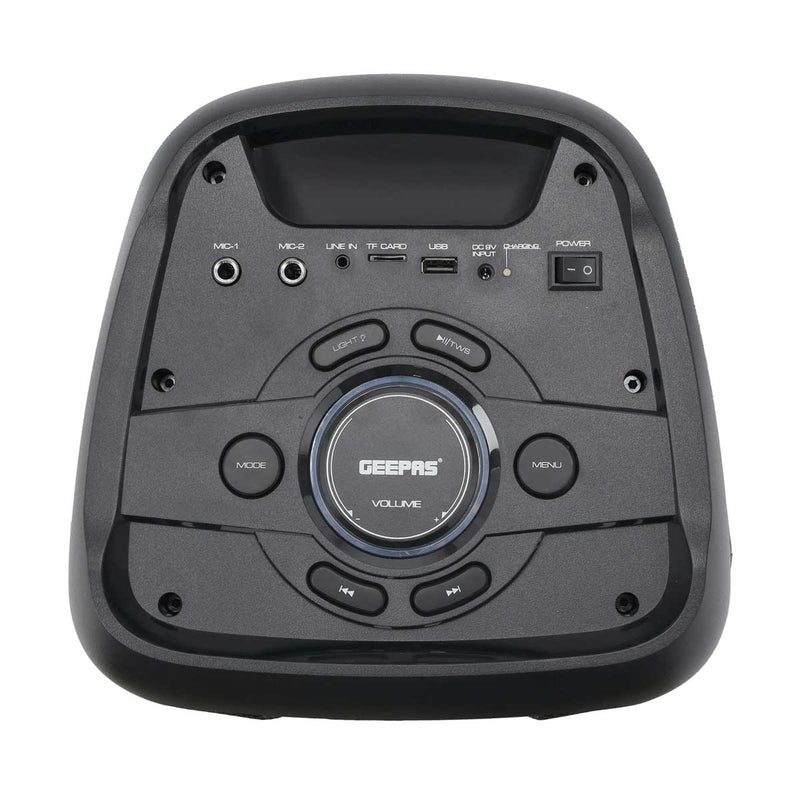 GEEPAS GMS11168 Rechargeable Professional Speaker | TWS Connection, BT/FM/USB/TF Card | LED Display | Wireless Microphone | 40000 W, 7.4V/3000mAh Lithium Battery, Black مكبر صوت احترافي قابل لإعادة الشحن جيباس