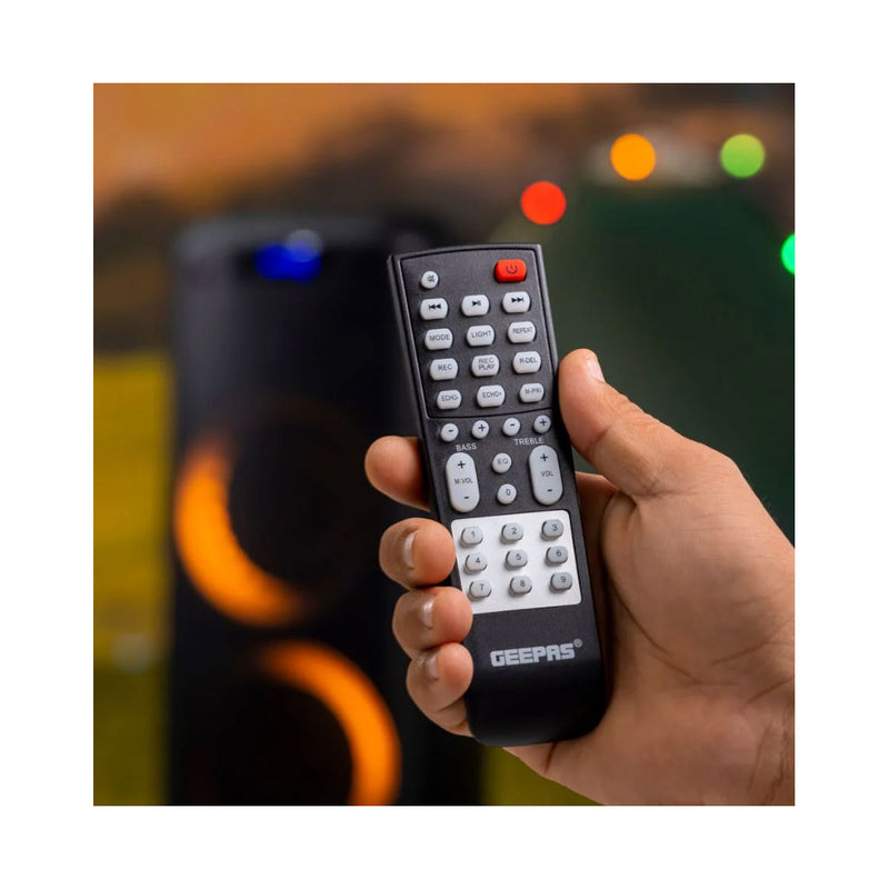 GEEPAS GMS11168 Rechargeable Professional Speaker | TWS Connection, BT/FM/USB/TF Card | LED Display | Wireless Microphone | 40000 W, 7.4V/3000mAh Lithium Battery, Black مكبر صوت احترافي قابل لإعادة الشحن جيباس