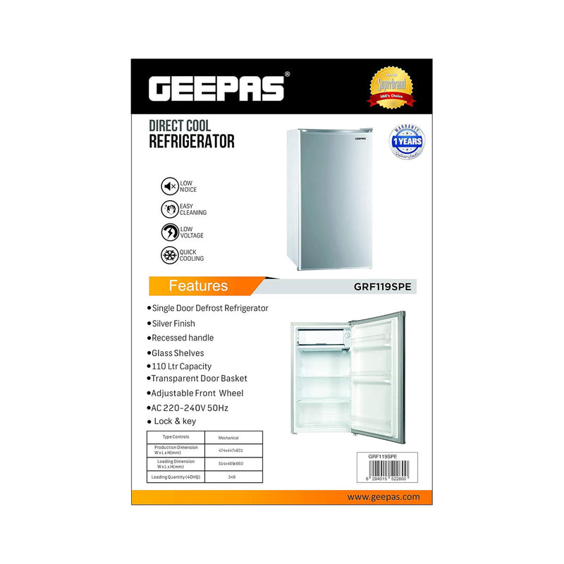 GEEPAS	GRF119SPE Single Door Refrigerator, White ثلاجة جيباس
