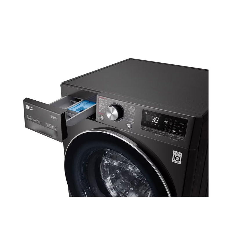 LG WR9011PBG Front Load Washing Machine, 11KG Capacity with AI DD™, Steam+™, Black ال جي  غسالة ملابس باب امامية
