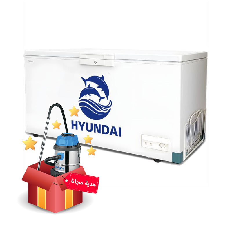 HYUNDAI HBM 1600-White Sliding Glass Chest Freezer - 16ft, White مجمدة هيونداي 16 قدم + HBM-20L Vacuum Cleaner هدية مجانا