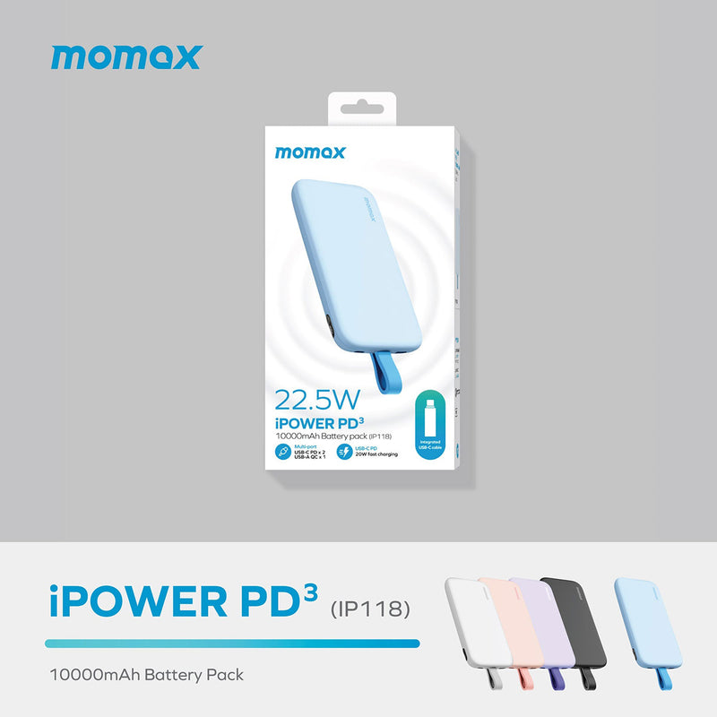 MOMAX IP118B iPower PD3 Power Bank with USB-C Cable 10000mAh, Blue شاحن طوارئ موماكس