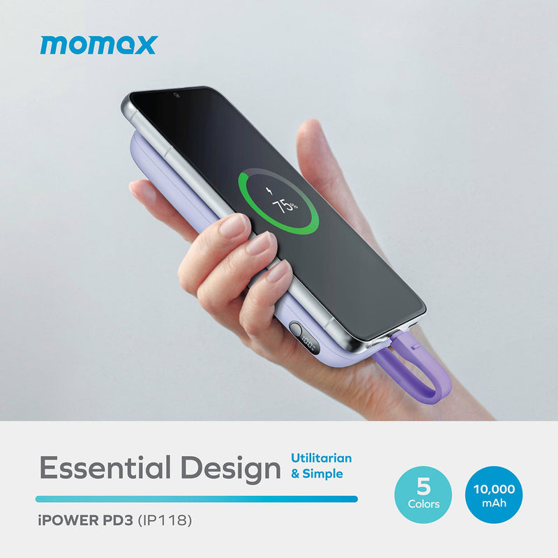 MOMAX IP118B iPower PD3 Power Bank with USB-C Cable 10000mAh, Blue شاحن طوارئ موماكس