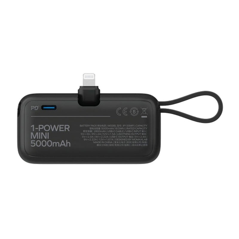 MOMAX IP130MFID 1-Power Mini Built-In Foldable Battery Pack 5000mAh, Black شاحن طوارئ موماكس