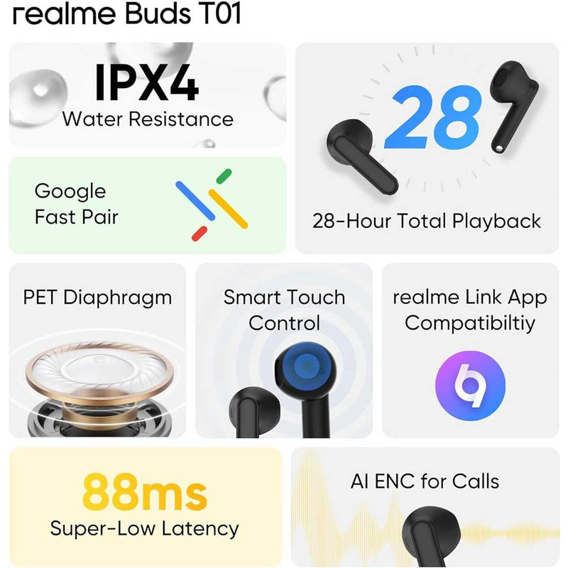 REALME RMA2406 Buds T01 Bluetooth In Ear, Black سماعات ريلمي