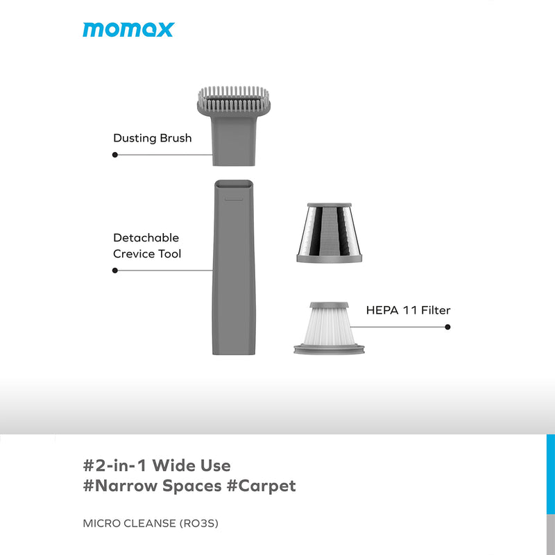 MOMAX RO3E MicroCleanse Portable Mini Vacuum Cleaner, Grey