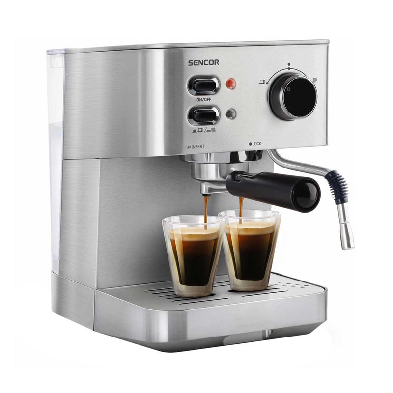SENCOR SES 4010SS Espresso Machine 2 Cups With Steamer Tank 1.5 L, Silver ماكنة اسبيريسو كوبين سنكور