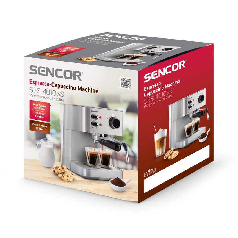 SENCOR SES 4010SS Espresso Machine 2 Cups With Steamer Tank 1.5 L, Silver ماكنة اسبيريسو كوبين سنكور