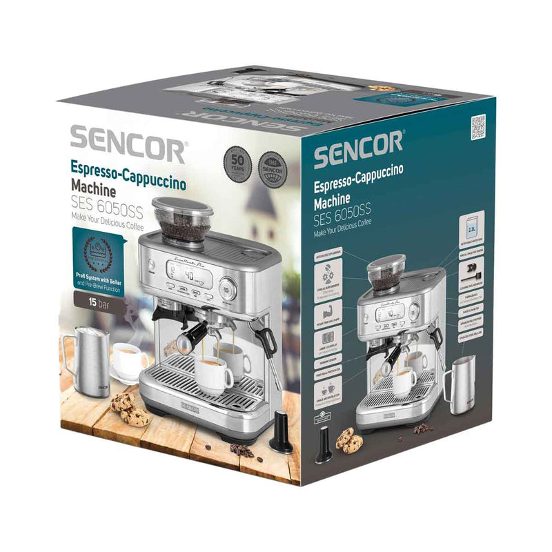 SENCOR SES 6050SS Espresso Machine With Digital Steamer 15 Bar, Silver ماكنة صنع القهوة والاسبيريسو سنكور