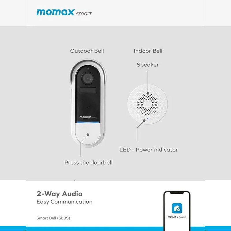 MOMAX SL3SW Smart Bell IoT IP Camera Doorbell, White