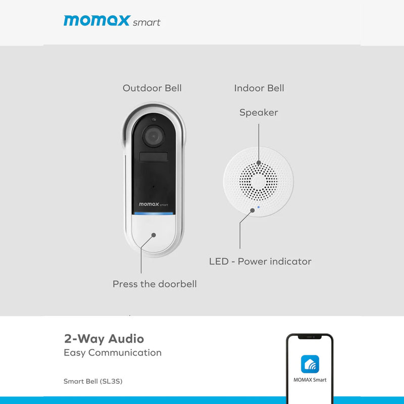 MOMAX SL3SW Smart Bell IoT IP Camera Doorbell, White