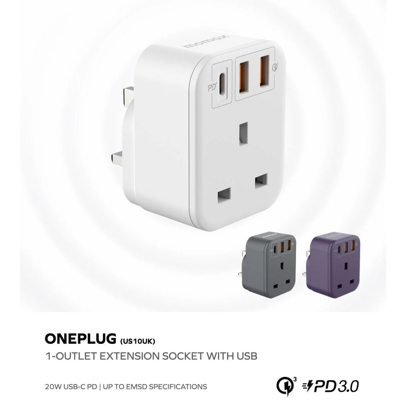 MOMAX US10UKE 2869 OnePlug Extension Socket with USB, Black ادابتر موماكس
