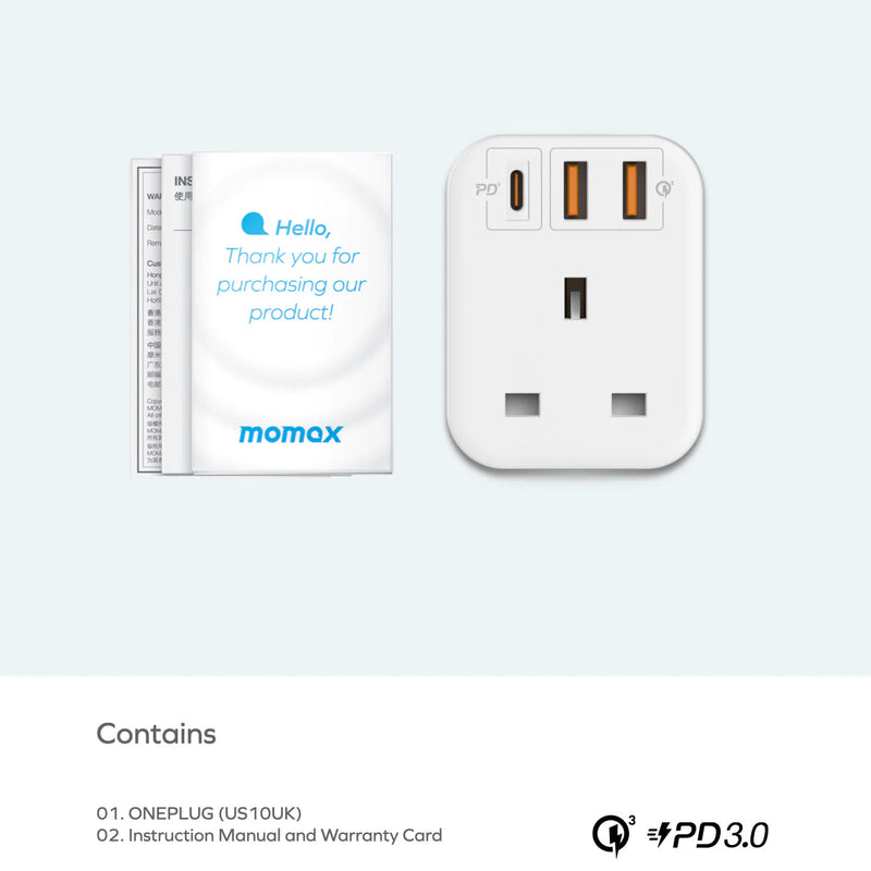MOMAX US10UKE 2869 OnePlug Extension Socket with USB, Black ادابتر موماكس