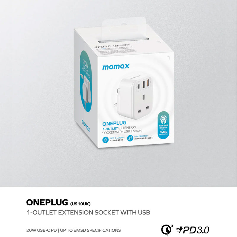 MOMAX US10UKE 2869 OnePlug Extension Socket with USB, Black ادابتر موماكس