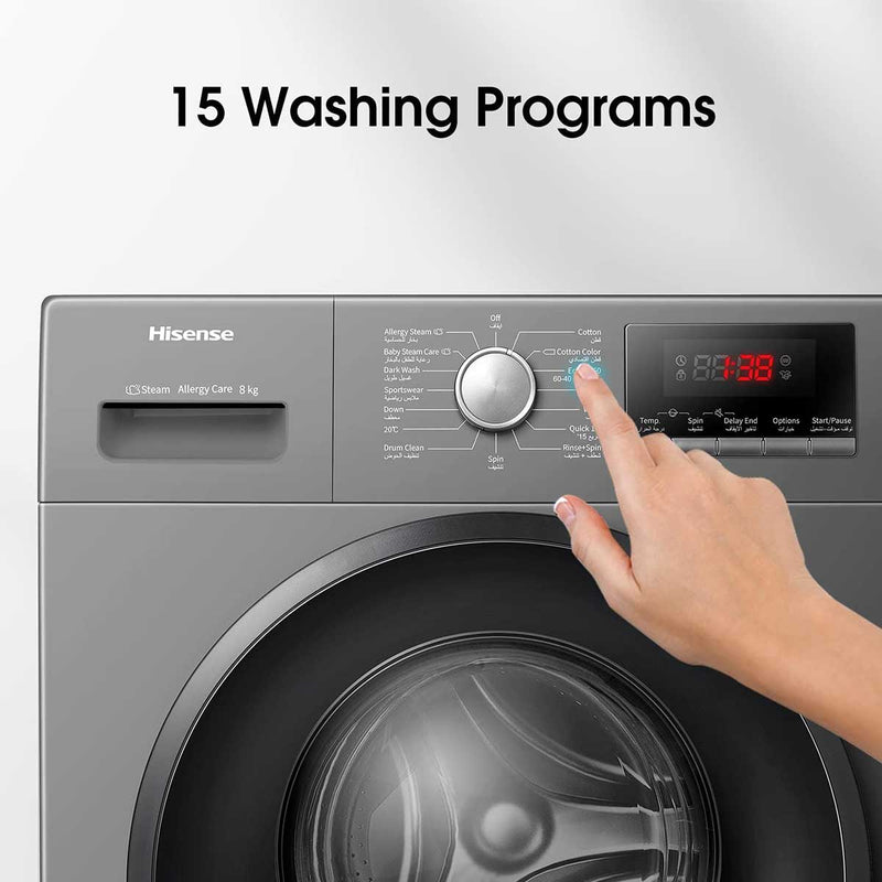 HISENSE WFPV8012EMT 8Kg Front Load washing machine with 1200RPM,Quick wash,Allergy steam care,Pause & Add,Child lock