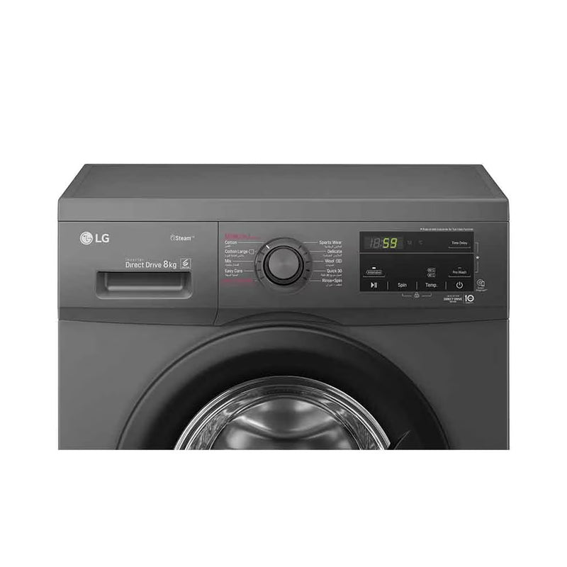 LG WJ1408MTG Front Load Washer 8kg, Direct Drive Motor, Smart Diagnosis, Black غسالة ملابس ال جي