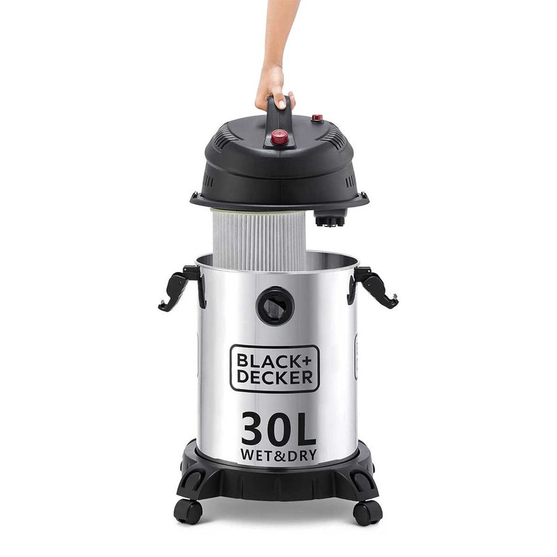 BLACK & DECKER WV1450-B5 30L Wet & Dry Drum Vacuum Cleaner 1400W (Stainless Steel Tank)  مكنسة كهربائية اسطوانية من الفولاذ