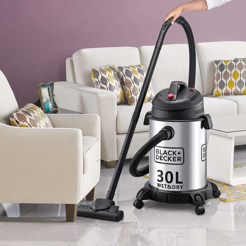 BLACK & DECKER WV1450-B5 30L Wet & Dry Drum Vacuum Cleaner 1400W (Stainless Steel Tank)  مكنسة كهربائية اسطوانية من الفولاذ