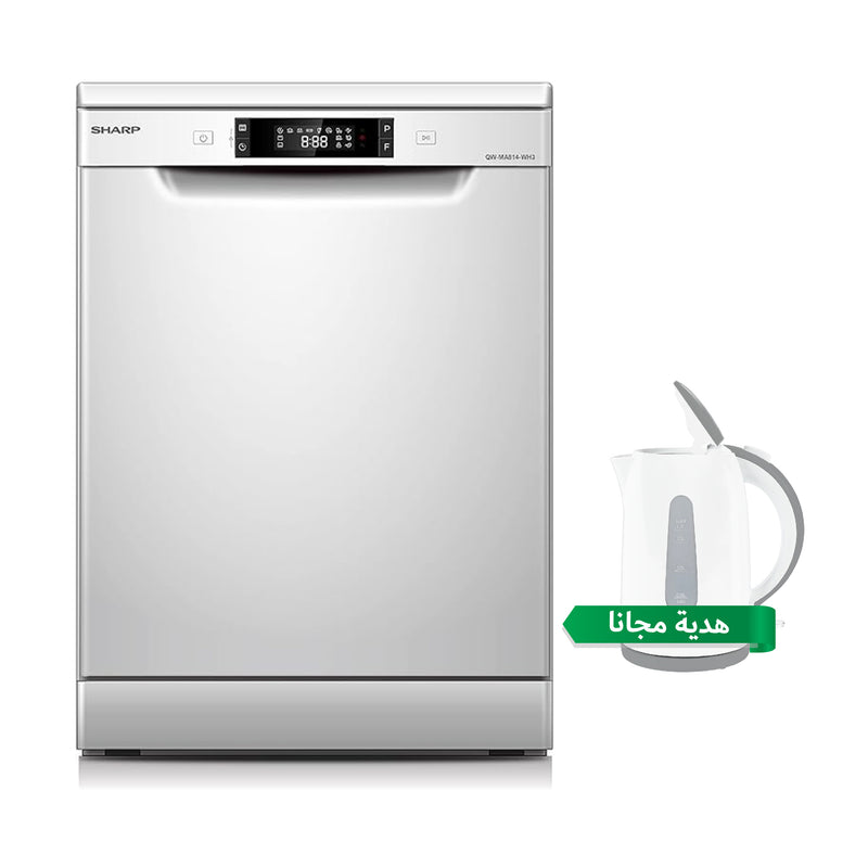 SHARP QW-V814A-WH3 Dishwasher 8 Programs LED Display + Light, White غسالة صحون شارب + هدية مجانا