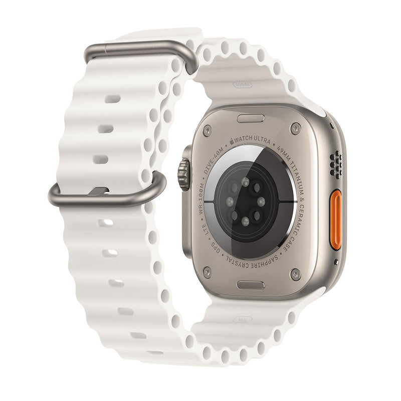 APPLE Watch Ultra GPS + Cellular, 49mm Titanium Case with White Ocean Band.
