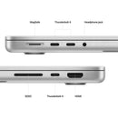 MacBook Pro: 14-inch Apple M2 Pro chip with 10‑core CPU and 16‑core GPU, 512GB SSD, Silver.